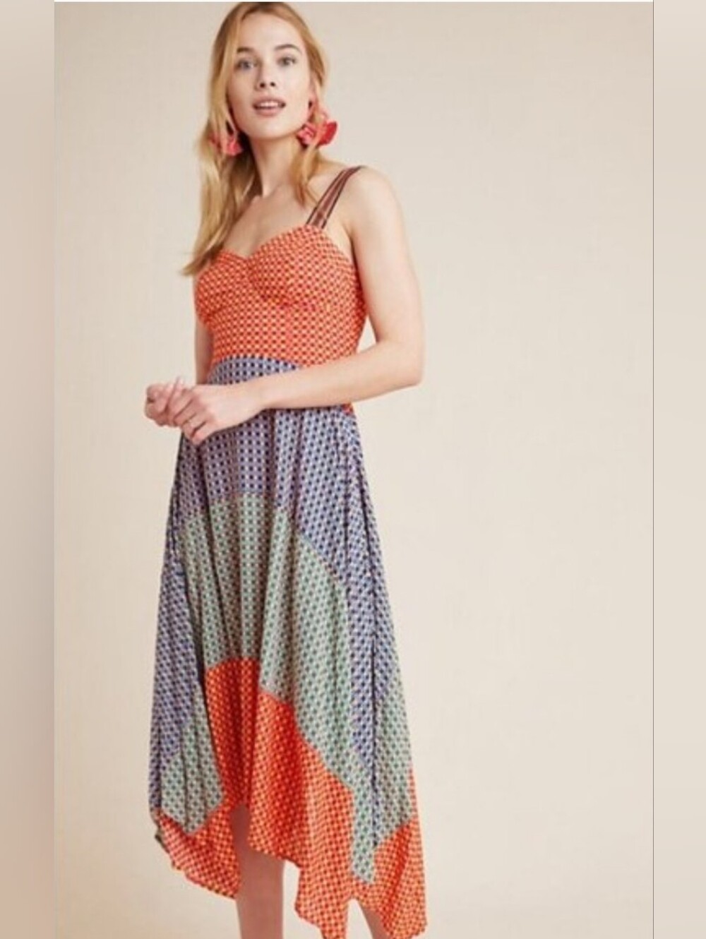 🍒 MAEVE | Multi-Color Midi Dress with Sweetheart Neckline, Size